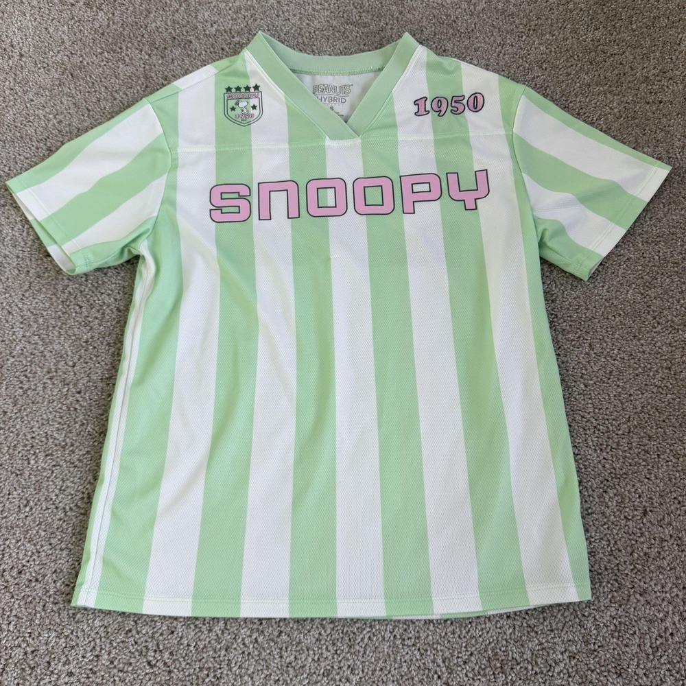 Peanuts Snoopy 1950 Shirt Mens Small Green White Stripe Mesh Soccer Jersey Top